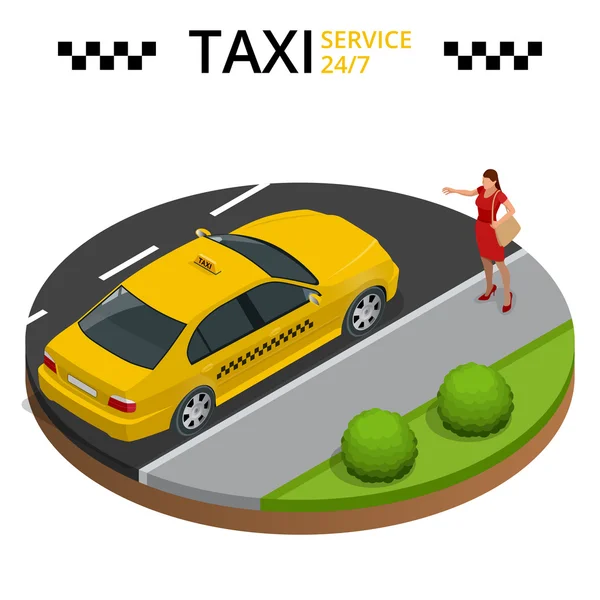 Концепция круглосуточного обслуживания. Молодая женщина поднимает руку, чтобы вызвать такси. Плоская 3d-векторная изометрическая иллюстрация . — стоковый вектор