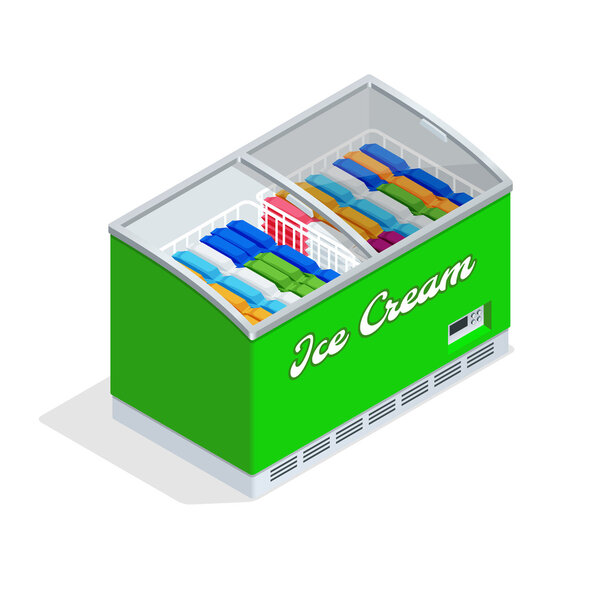 Refrigeration equipment for ice cream for supermarkets, shops, cafes and restaurants. Flat 3d isometric illustration.