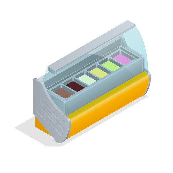 Refrigeration equipment for ice cream for supermarkets, shops, cafes and restaurants. Flat 3d isometric illustration.
