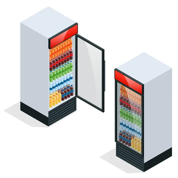 Gewerblicher Kühlschrank zur Aufbewahrung von Getränken und verderblichen Waren. flache 3d isometrische Illustration. — Stockvektor
