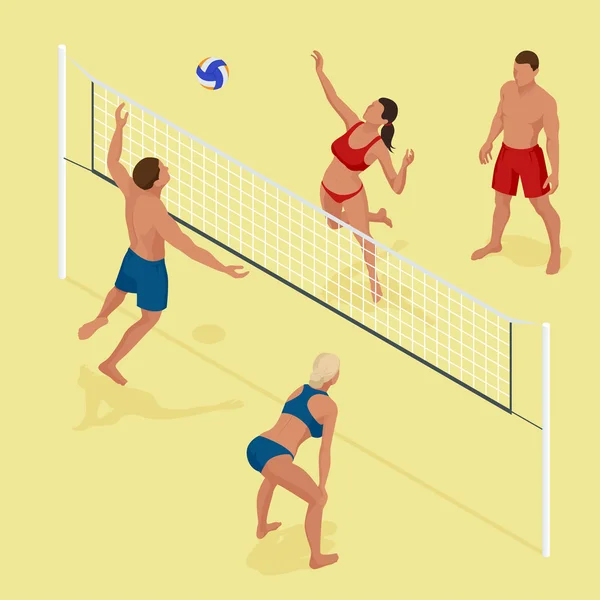 Groupe de jeunes amis jouant au volleyball sur la plage. Le volley-ball de plage est un sport populaire qui se joue sur la plage. Illustration isométrique vectorielle 3D plate . — Image vectorielle