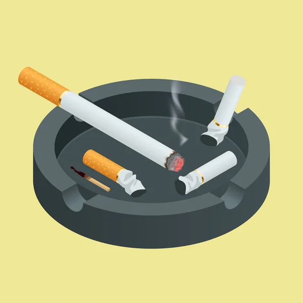 Svart keramik askfat full av röker cigaretter. Platt 3D vektor isometrisk illustration. — Stock vektor