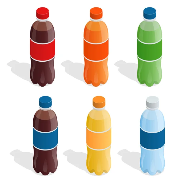 Bebidas en botellas. Set de bebidas refrescantes en botellas de plástico. Bebidas de verano Ilustración isométrica plana vector 3d . — Vector de stock