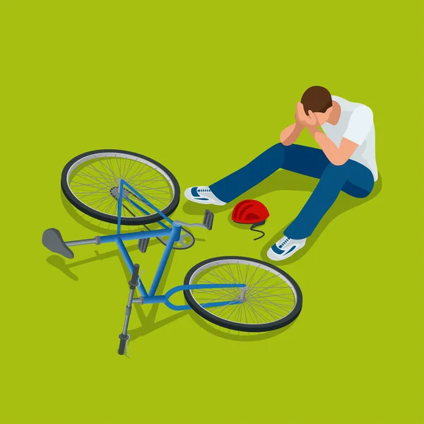 Велосипедная авария. Человек падает с велосипеда. Плоская 3d-векторная изометрическая иллюстрация . — стоковый вектор