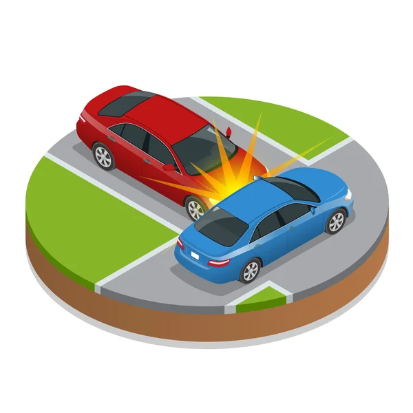 Autounfall. Autounfall. flache isometrische Darstellung des 3D-Vektors. Unfall Verkehrssituation Gefahr Autounfall und Unfall Verkehrsunfallsicherheit Notverkehr. Unfall mit gefährlicher Geschwindigkeit. — Stockvektor