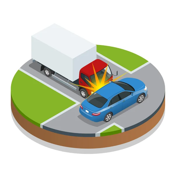 Accidente de coche. Choque de coche. Ilustración isométrica vectorial plana 3d. Accidente carretera situación peligro accidente de coche y accidente carretera colisión seguridad transporte de emergencia. Accidente velocidad peligrosa . — Vector de stock