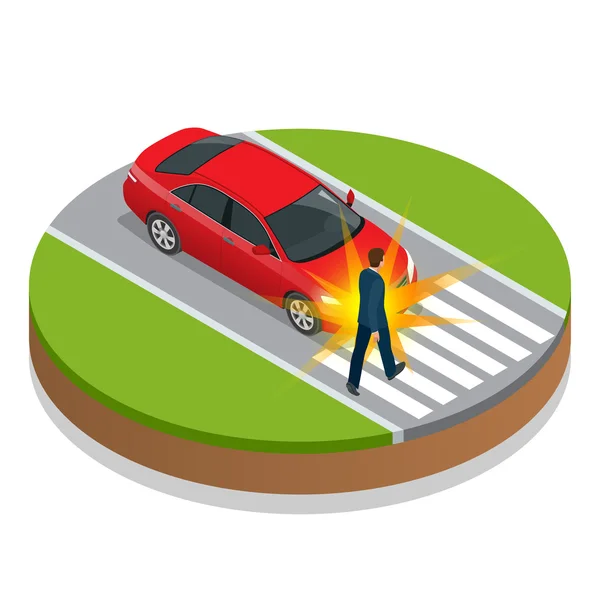 Araba kazası. Kaza araba ve yaya. Düz 3d vektör isometrik illüstrasyon. Kaza yol durumu tehlike araba kazası ve kaza yol çarpışma güvenlik acil ulaşım. — Stok Vektör