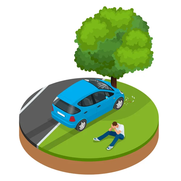 Auto crashte in boom. Auto crash botsing verkeers verzekering. Auto crash Safety auto nood ramp. Auto ongeval waarbij auto crash City Street vector isometrische illustratie. — Stockvector