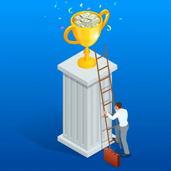 Gagnez trophée mouvement de succès à travers obstacle isométrie 3D isométrique concept d'entreprise illustration vectorielle web. Illustration isométrique vectorielle 3D plate . — Image vectorielle