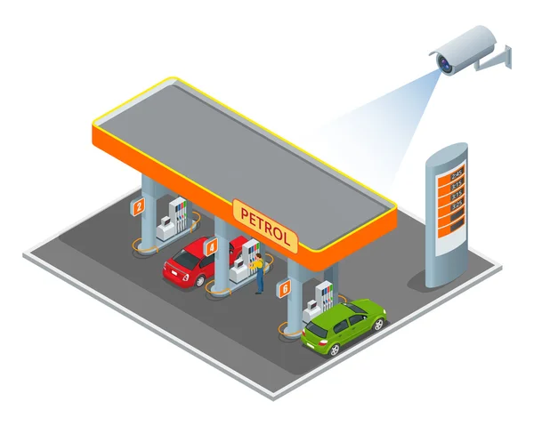 Cámara de seguridad CCTV en ilustración isométrica de gasolinera. Ilustración vectorial isométrica 3d . — Archivo Imágenes Vectoriales