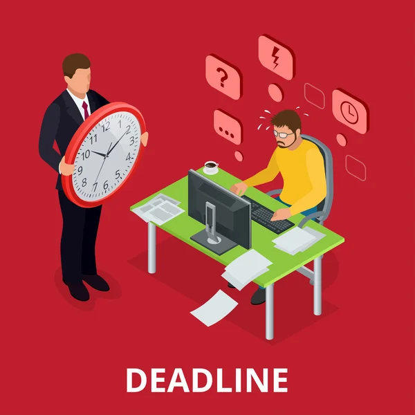 Deadline begreppet överarbetad man. Platt 3D vektor isometrisk illustration. — Stock vektor