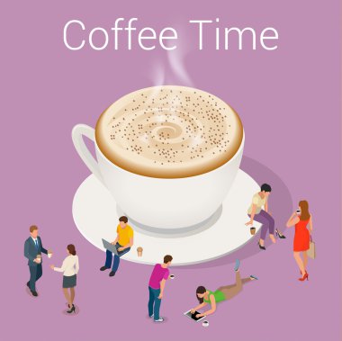 Kahve zaman ya da kahve molası. Grup insanlar kavramı sosyalleşme etkileşim sohbet. Düz 3d izometrik çizim vektör.