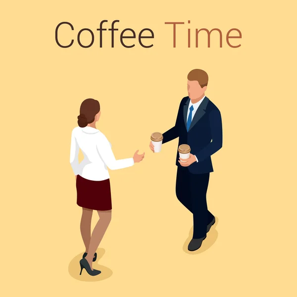 Coffee time or coffee break. Group People Chatting Interaction Socializing Concept. Flat 3d vector isometric illustration. — Stock Vector