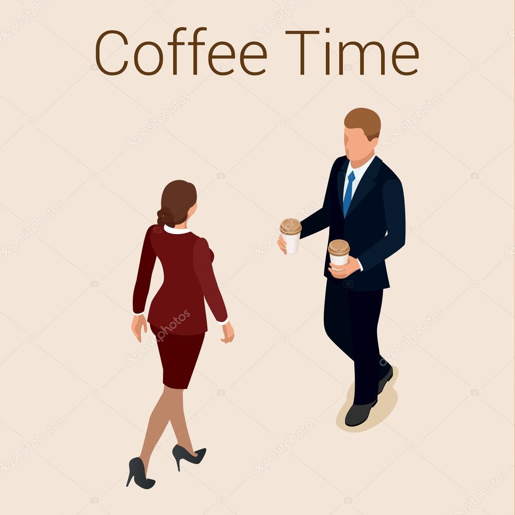 Coffee time or coffee break. Group People Chatting Interaction Socializing Concept. Flat 3d vector isometric illustration