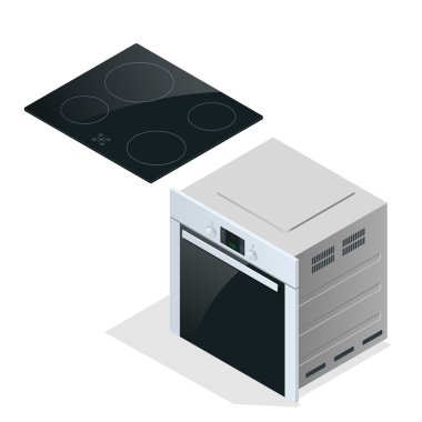 Bir tencere içinde modern mutfak sobası indüksiyon ile tutan el. Cillustration düz 3d vektör.