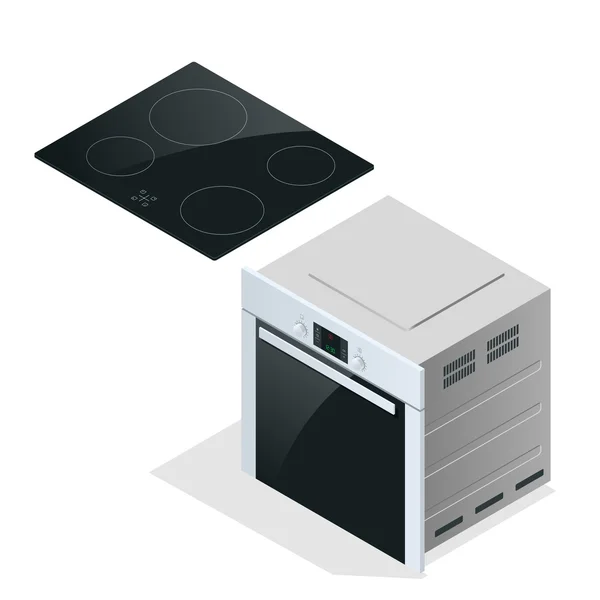 Mano sosteniendo una cacerola en cocina moderna con estufa de inducción. Plano 3d vector cillustration . — Vector de stock