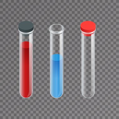 Kimyasal test tüpü sembol simgeler kümesi. Erlenmeyer flask, damıtma flask, volumetric flask, tüp bebek. İzole kimya laboratuar ekipmanları. Şişeler bilimsel deney için denemeler yapın. İzometrik 3B vektör
