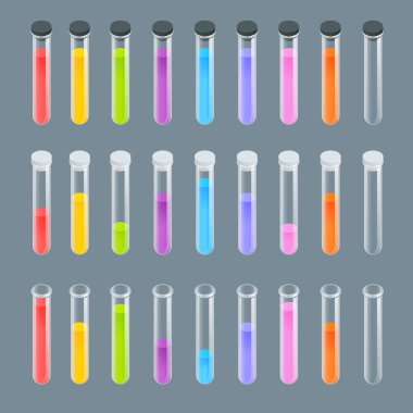 Kimyasal test tüpü sembol simgeler kümesi. Erlenmeyer flask, damıtma flask, volumetric flask, tüp bebek. İzole kimya laboratuar ekipmanları. Şişeler bilimsel deney için denemeler yapın. İzometrik 3B vektör