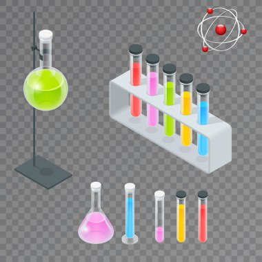 Kimyasal test tüpü sembol simgeler kümesi. Erlenmeyer flask, damıtma flask, volumetric flask, tüp bebek. İzole kimya laboratuar ekipmanları. Şişeler bilimsel deney için denemeler yapın. İzometrik 3B vektör