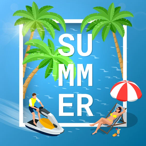 Zomer concept van zandstrand. Idyllische reizen achtergrond. Platte 3d isometrische illustratie vector. — Stockvector