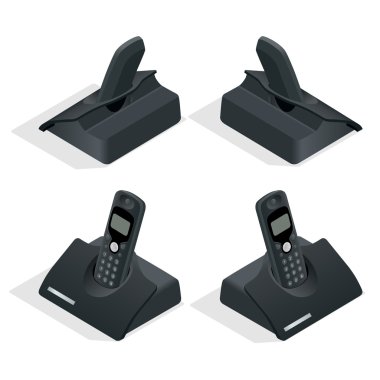 Beşik ile Kablosuz sabit telefon. Beyaz bir arka plan üzerinde. Düz 3d izometrik çizim vektör.