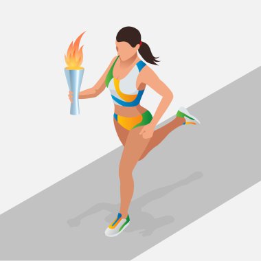 Spor meşale ile çalışan kadın. Spor Şampiyonası Uluslararası yarışma. Zafer sembolü. Atletizm taşıyıcı düz 3d izometrik kavramı.