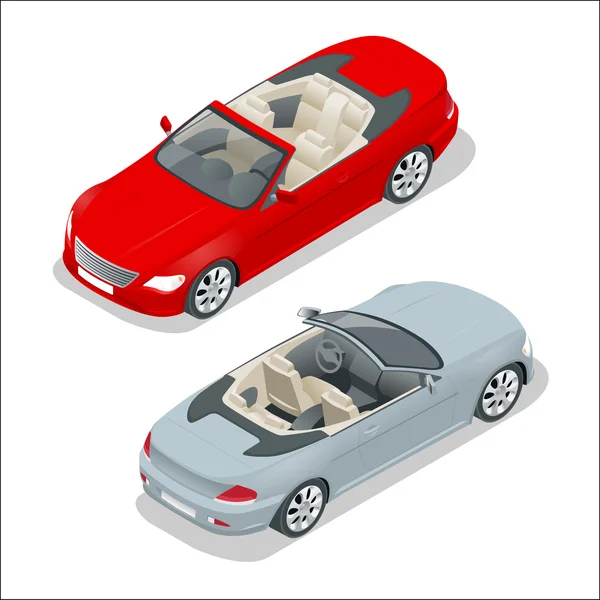 Illustration vectorielle isométrique de voiture Cabriolet. Image convertible 3D plat. Transport pour les voyages d'été. Véhicule de sport . — Image vectorielle
