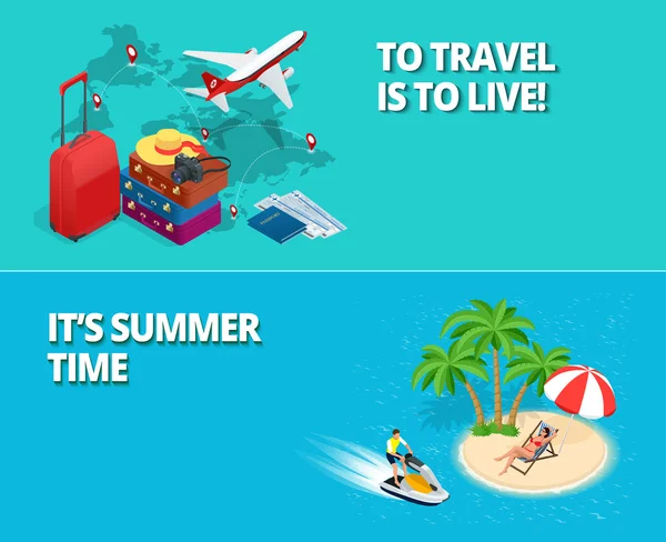 여름 시간과 여행 개념입니다. 2 배너 또는 플라이어 — 스톡 벡터