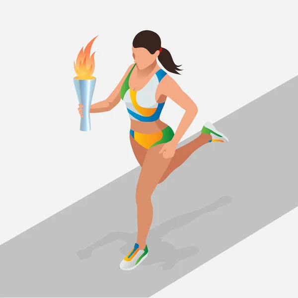 Femme courant avec une torche de sport. Championnat Sportif Compétition Internationale. Symbole de victoire. Athlétisme porteur Flat 3d isométrique concept . — Image vectorielle