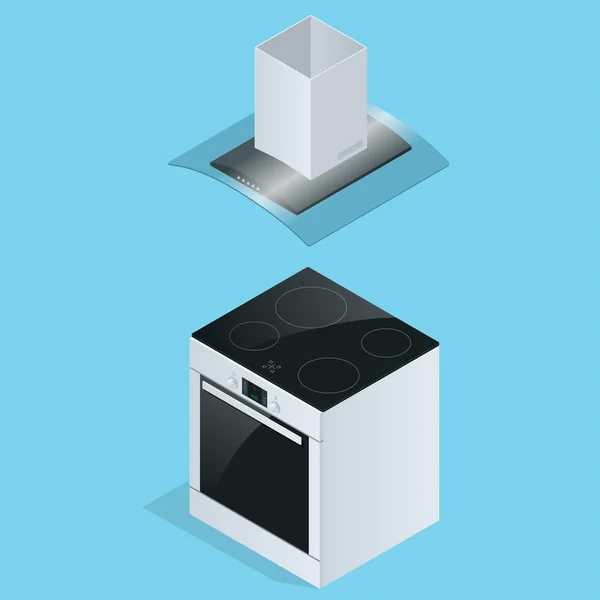 Afzuigkap en elektrisch fornuis ter illustratie van de keuken geïsoleerd op een witte achtergrond. Extractor kap pictogram. Platte 3d isometrische illustratie vector. — Stockvector