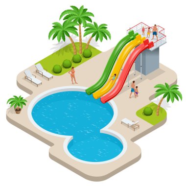 Aqua Park Yaz eğlenceli. Aquapark, su kaydırağı ebeveynler çocuk. Yaz tatili. Düz 3d izometrik çizim vektör.