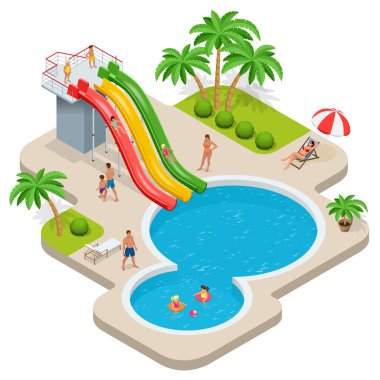 Aqua Park Yaz eğlenceli. Aquapark, su kaydırağı ebeveynler çocuk. Yaz tatili. Düz 3d izometrik çizim vektör.