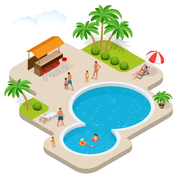 Summer fun at aqua park. Child with parents on water slide at aquapark. Summer holiday. Flat 3d vector isometric illustration. — Stock Vector