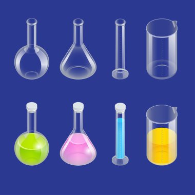 Kimyasal test tüpü sembol simgeler kümesi. Erlenmeyer flask, damıtma flask, volumetric flask, tüp bebek. İzole kimya laboratuar ekipmanları. Şişeler bilimsel deney için denemeler yapın. İzometrik 3B vektör