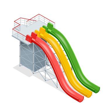 Beyaz bir arka plan üzerinde izole su kaydırağı. 3D izometrik çizimde düz. Su eğlence parkı Bahçesi.