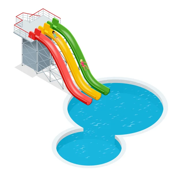 Vattenrutschbanor isolerad på en vit bakgrund. Platt 3d isometrisk illustration. Vattenlekland nöjespark. — Stock vektor