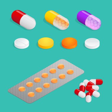 Aliminin çeşitli türde tıbbi hap ayarlayın. Çok renkli hap var ki. İnsan sağlığı için şeyler. 3D izometrik vektör çizim düz.