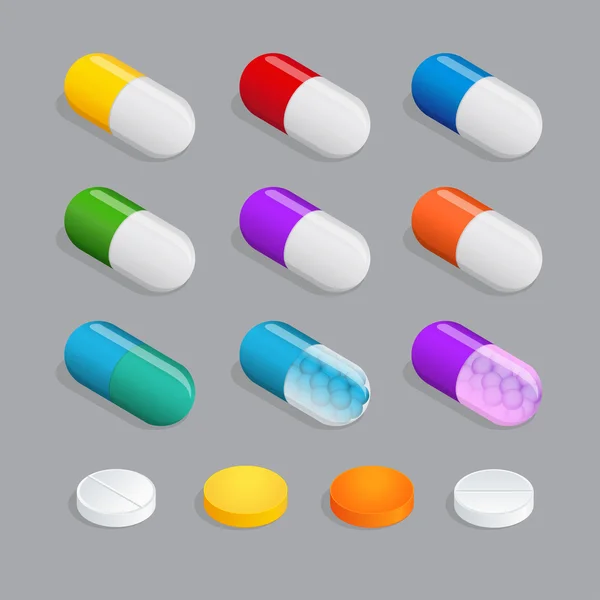 Medicamentos de vários tipos, conjunto de pílula médica. Muitas pílulas coloridas. Coisas para a saúde humana. Ilustração plana do vetor isométrico 3d . —  Vetores de Stock