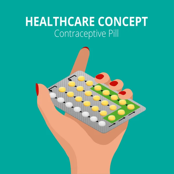 Donna che tiene in mano un blister di Strip da 28 pillole contraccettive. Concetto sanitario. Capsule nelle loro mani. Prendi delle pillole. Illustrazione vettoriale isometrica 3d piatta . — Vettoriale Stock