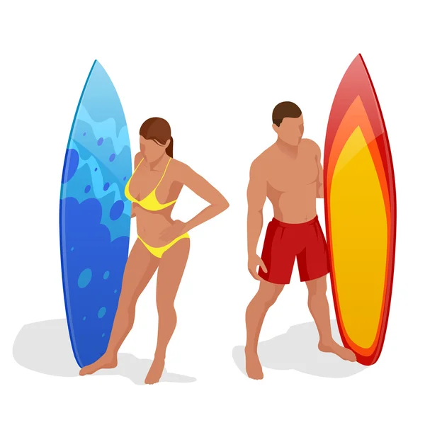 Hombre y mujer están de pie con una tabla de surf en sus manos. Ilustración isométrica vectorial plana 3d. Deportes acuáticos extremos . — Archivo Imágenes Vectoriales