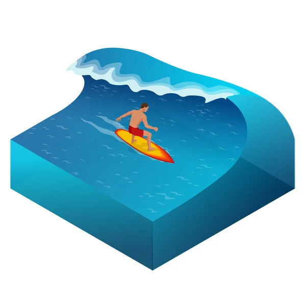 Surfer op Blue Ocean Wave in de buis krijgen Barreled. Platte 3D vector isometrische illustratie. — Stockvector