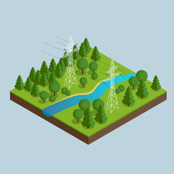 Líneas de transmisión de alta tensión y torres eléctricas. Torres de alto voltaje. Pilones de electricidad. Ilustración vectorial del paisaje industrial. Ilustración isométrica plana 3d vector — Vector de stock