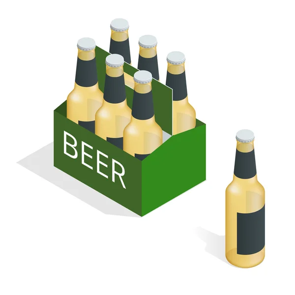 6 개의 맥주 병이있는 맥주 케이스가있는 벡터 색상 등각 투영 아이콘. 플랫 3D 벡터 등각투영 그림. — 스톡 벡터