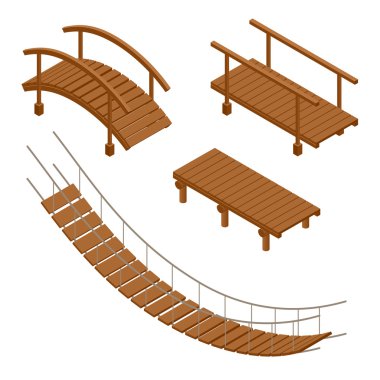 Hanging wooden bridge, wooden and hanging bridge vector illustrations. Flat 3d isometric set. clipart