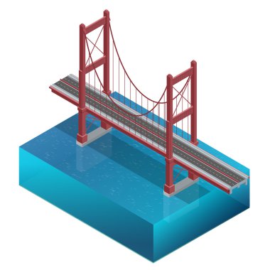 Köprü nehir üzerinde, tasarım, birim yapısı. Köprü inşaatı. Vektör düz 3d isometrik illüstrasyon.
