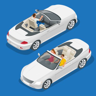 Cabriolet araba izometrik vektör çizim. 3D Cabrio görüntü düz. Ulaşım yaz seyahat için. Spor araba araç.