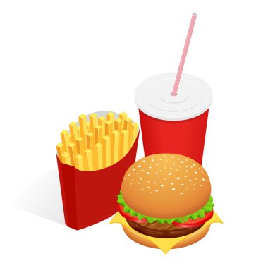 Vektör illüstrasyon isometrik gıda burger, Patates kızartması ve kola. Fast food konsepti. Lezzetli atıştırmalık.