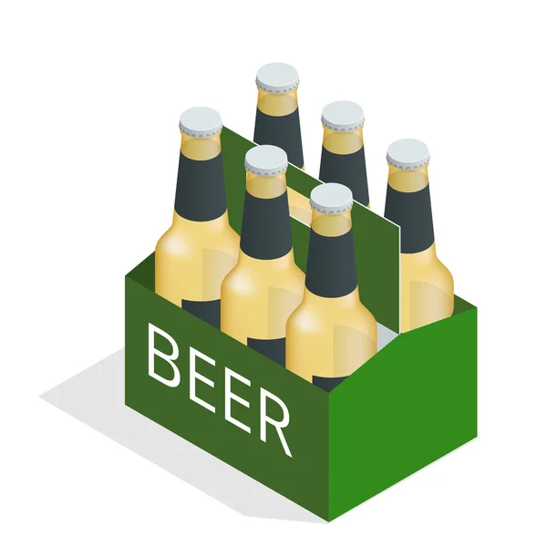 Ikona izometryczna koloru wektorowego z przypadkiem piwa z sześcioma butelkami piwa. Płaska grafika wektorowa 3D izometryczna. — Wektor stockowy