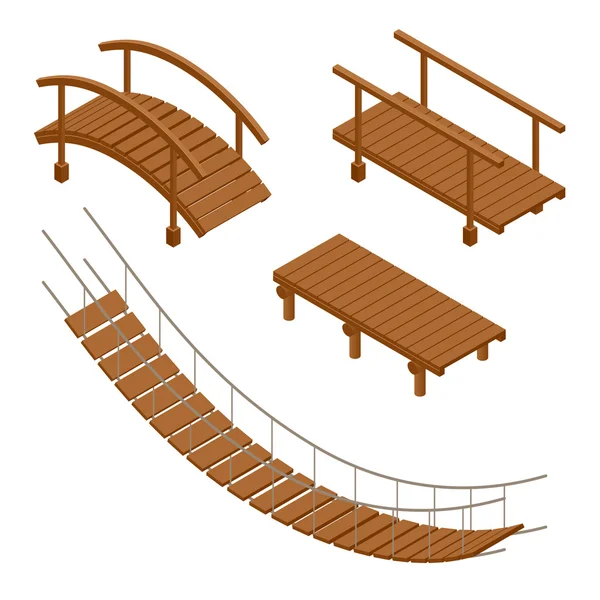 Puente de madera colgante, ilustraciones de vectores de puentes de madera y colgantes. Conjunto isométrico plano 3d . — Vector de stock