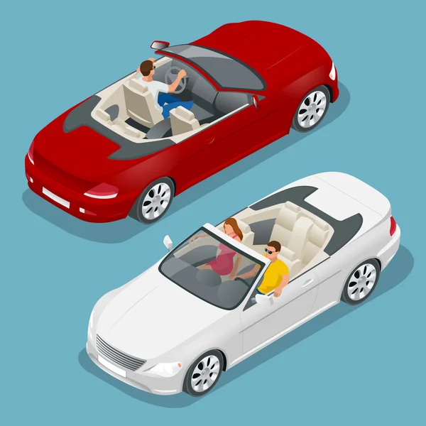 Illustration vectorielle isométrique de voiture Cabriolet. Image convertible 3D plat. Transport pour les voyages d'été. Véhicule de sport . — Image vectorielle